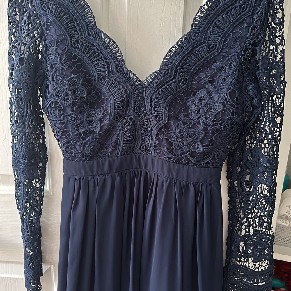 Elegant Navy Lace Long Sleeve Dress